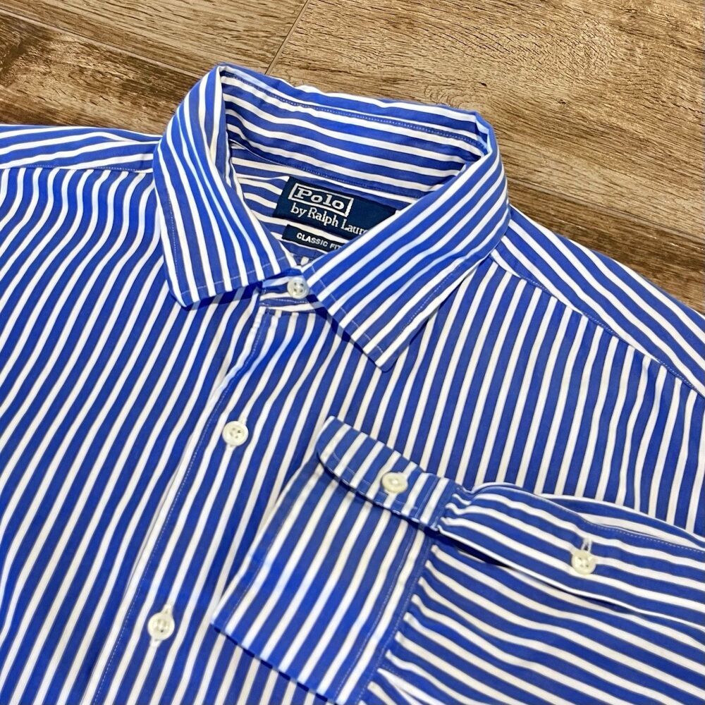 Vtg Polo Ralph Lauren Shirt Mens L University Stripe Button Up Classic Fit Pony
